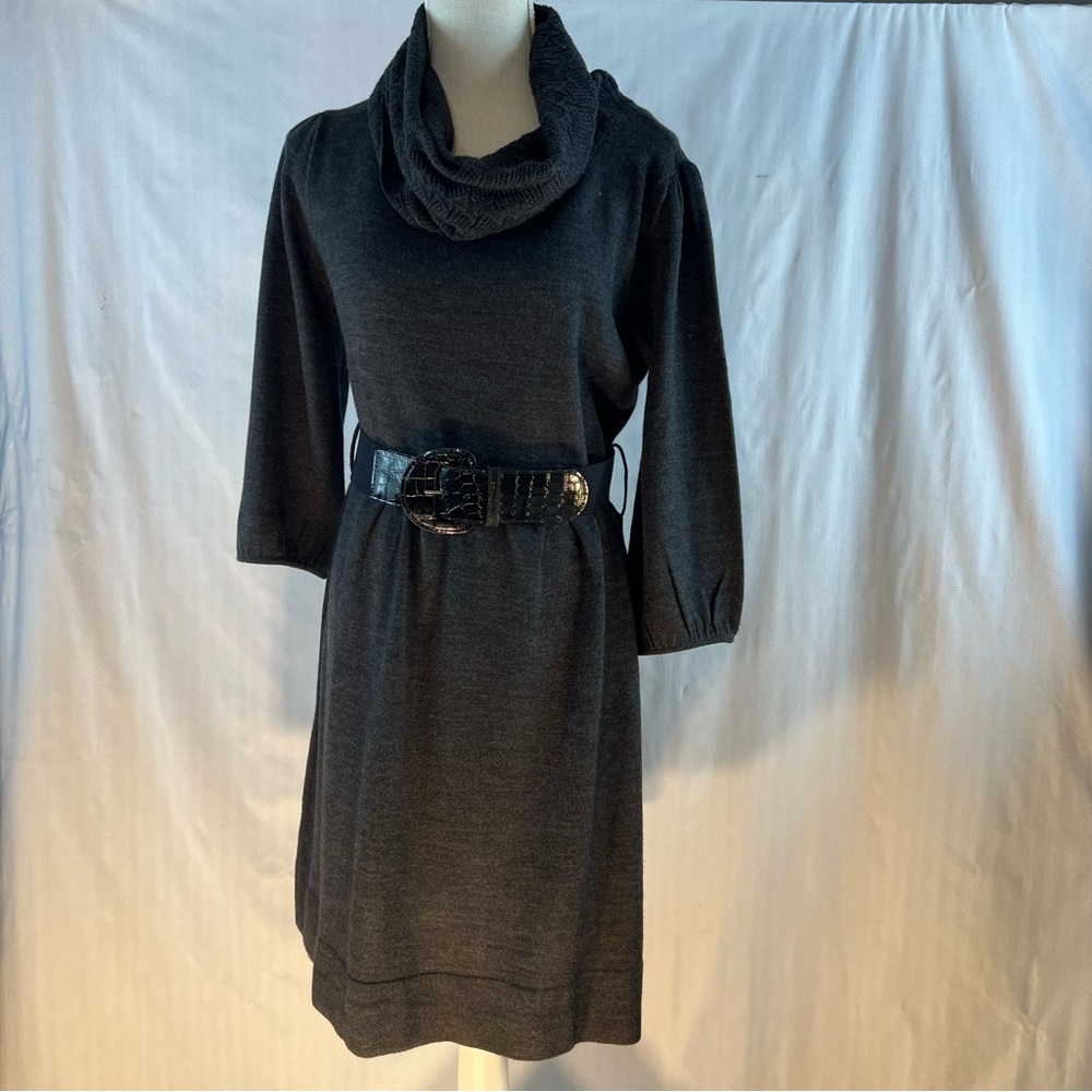 Alyx Petite Charcoal Gray Knit 3/4 Sleeve Cowl Neck Belted Sweater Dress PXL👍